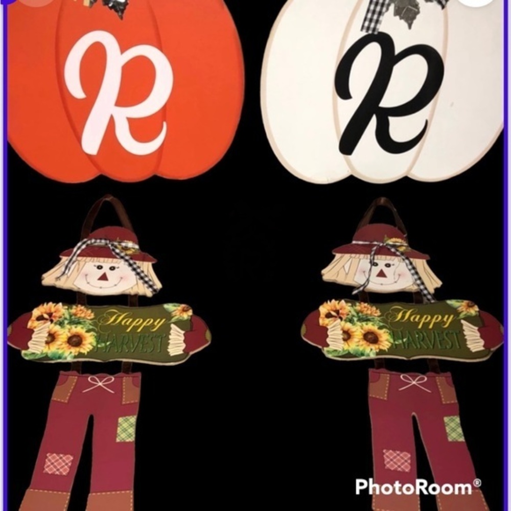 Fall decor Pumpkin initial R lot custom buffalo plaid 4 pieces scarecrow
